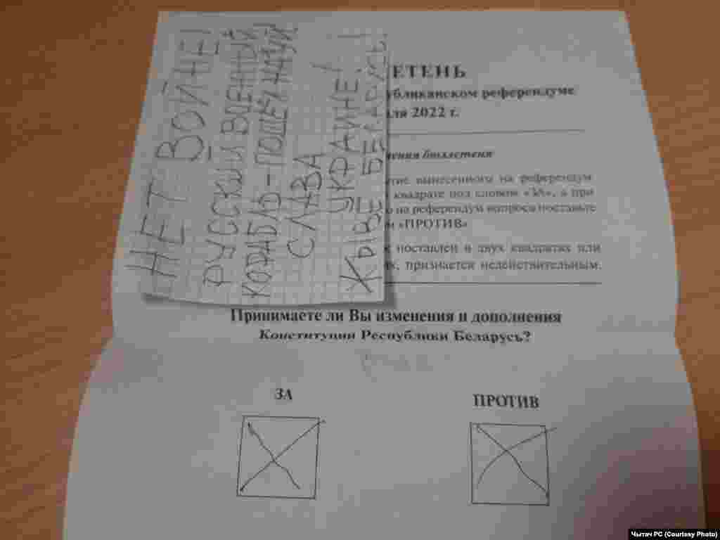 На многіх бюлетэнях людзі пакідалі надпісы &laquo;Не &mdash; вайне&raquo;, &laquo;Слава Ўкраіне&raquo;