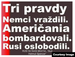 "Три правды: немцы убивали, американцы бомбили, русские освобождали". Фотография из доклада организации "Чешские эльфы" о дезинформации в чешском интернете