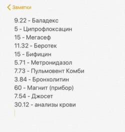 З нататак Марыны В. Цэны на выпісаныя ёй лекі, працэдуры і за платныя аналізы крыві, якія яна рабіла ў прыватнай мэдычнай установе