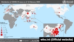 Краіны, дзе на 16 лютага пацьверджана выяўленьне вірусу COVID-19 . Выява Ўсясьветнай арганізацыі здароўя